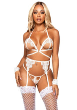Load image into Gallery viewer, Eyelash Lace Cage Strap Open Cup Bra with Heart Ring Accent, Garter Belt, G-String Panty and Wrist Cuffs
