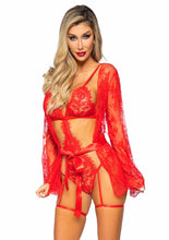 Load image into Gallery viewer, Eyelash Lace Garter Teddy with G-String Back and Adjustable Straps, Lace Robe and Ribbon Tie
