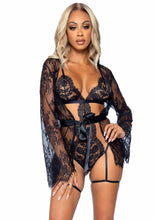Load image into Gallery viewer, Eyelash Lace Garter Teddy with G-String Back and Adjustable Straps, Lace Robe and Ribbon Tie
