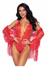 Load image into Gallery viewer, Floral Lace Teddy with Cheeky Thong Back Matching Lace Robe with Scalloped Trim and Satin Tie

