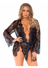 Load image into Gallery viewer, Floral Lace Teddy with Cheeky Thong Back Matching Lace Robe with Scalloped Trim and Satin Tie
