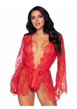 Load image into Gallery viewer, Floral Lace Teddy with Cheeky Thong Back Matching Lace Robe with Scalloped Trim and Satin Tie
