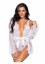 Load image into Gallery viewer, Floral Lace Teddy with Cheeky Thong Back Matching Lace Robe with Scalloped Trim and Satin Tie
