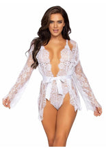 Load image into Gallery viewer, Floral Lace Teddy with Cheeky Thong Back Matching Lace Robe with Scalloped Trim and Satin Tie
