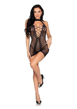 Load image into Gallery viewer, Dotted Net and Lace Halter Mini Dress with Faux Lace-Up Open Back
