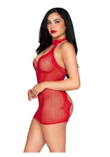 Load image into Gallery viewer, Dotted Net and Lace Halter Mini Dress with Faux Lace-Up Open Back
