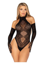 Load image into Gallery viewer, Lace Halter Teddy and Matching Long Lace Gloves
