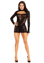 Load image into Gallery viewer, Lace Keyhole Mini Dress with Opaque Panel Detailing and Gloved Sleeves
