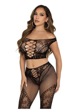 Load image into Gallery viewer, Leg Avenue Net and Lace Off-The-Shoulder Crop Top and Footless Tights
