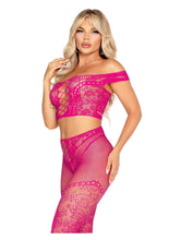 Load image into Gallery viewer, Leg Avenue Net and Lace Off-The-Shoulder Crop Top and Footless Tights
