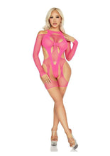 Load image into Gallery viewer, Off-The-Shoulder Fishnet Garter Harness and Layered Opaque Cut-Out Teddy
