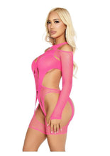 Load image into Gallery viewer, Off-The-Shoulder Fishnet Garter Harness and Layered Opaque Cut-Out Teddy
