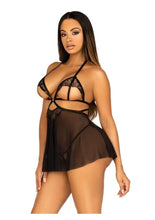 Load image into Gallery viewer, Leg Avenue Open Cup Eyelash Lace and Mesh Babydoll with Heart Ring Accent and Matching Panty

