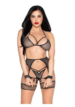Load image into Gallery viewer, Leg Avenue Shimmer Net Bra Top, G-String Panty, Garter Harness and Wrist Ties
