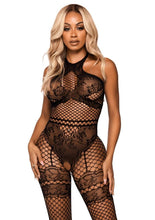 Load image into Gallery viewer, Seamless Industrial Net Halter Bodystocking with Faux Lace Lingerie Detail
